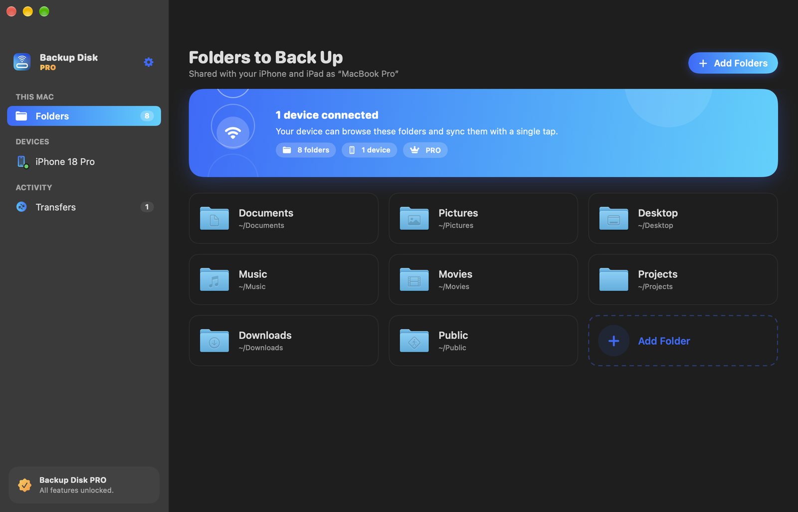 Backup Disk for Mac showing the folders to back up